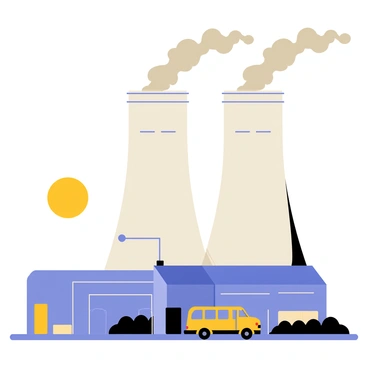 A coal plant with large, cylindrical smokestacks rising high into the sky. The smokestacks are emitting thick, gray plumes of smoke that twist and curl into the atmosphere. The plant itself has a series of interconnected structures, with large equipment visible along the exterior. The ground is dotted with piles of black coal, and a few industrial vehicles are parked nearby. A bright sun shines in the background, contrasting with the dark smoke filling the air.