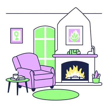 A cozy living room features a crackling fireplace with flickering flames. The warm glow illuminates the room, creating a welcoming atmosphere. In front of the fireplace, there is a plush armchair upholstered in soft fabric, positioned at a slight angle for comfort. Next to the armchair, a small wooden side table holds a steaming cup and a stack of books. On the floor, a thick rug is placed, adding to the room's warmth. The walls are adorned with framed pictures, and a large window allows natural light to filter in.