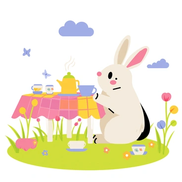 A bunny sitting at a small round table in a spring meadow. The table is covered with a colorful checkered tablecloth. The bunny has fluffy white fur and big floppy ears. Around the table, there are several tiny teacups and matching saucers, each adorned with floral patterns. The meadow is filled with vibrant green grass, blooming flowers in various colors, and butterflies fluttering nearby. A teapot sits on the table, steam rising from its spout, indicating freshly brewed tea. The sky above is clear and blue, adding a cheerful atmosphere to the scene.