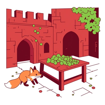 A red medieval castle courtyard is filled with cobblestone paths and sturdy stone walls. In the center, there is a wooden table laden with clusters of green grapes. A curious orange fox is sneaking into the scene, its ears perked up and eyes focused on the table. Lush green vines climb up the walls of the castle, and a few scattered leaves are fluttering in the gentle breeze. The atmosphere is lively with the sound of distant laughter echoing from the castle’s interior.