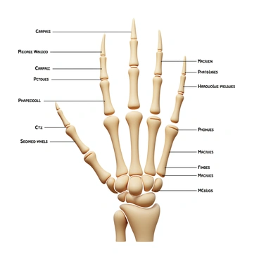 A labeled chart of the hand bones including carpals, metacarpals, and phalanges