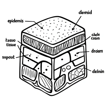 A detailed anatomical illustration of skin layers, clearly showcasing the "epidermis," "dermis," and "subcutaneous tissue." The "epidermis" is depicted as the outermost layer, textured and segmented to represent its structure. Below it, the "dermis" is illustrated with varying thickness and features, indicating its role in providing support and elasticity. The "subcutaneous tissue" is shown as a deeper layer, with fat cells and connective tissue detailed to convey its function as insulation and cushion. Each layer is labeled accurately for educational purposes.