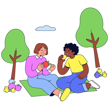 Two friends are sitting on a green picnic blanket in a sunny park. One friend has short brown hair and is holding a bright red plum, while the other friend has curly black hair and is taking a bite out of a yellow plum. They are both smiling and engaged in conversation. Surrounding them are tall green trees and patches of colorful flowers. A soft breeze is gently moving the leaves above them.