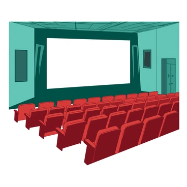 A teal vintage cinema interior is depicted, featuring rows of empty red seats arranged neatly in front of a large white screen. The walls of the cinema are adorned with classic movie posters, and the ceiling is decorated with ornate fixtures that cast soft light. The red seats are well-worn, showing signs of age and use, and they are spaced apart to create an atmosphere of solitude. The overall scene conveys a sense of nostalgia.