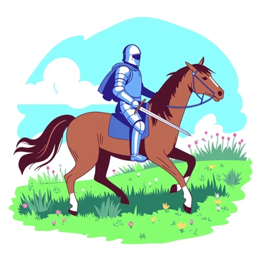 A brave knight in shining armor is riding a majestic horse through a sunlit meadow filled with vibrant green grass. The knight's armor gleams in the sunlight, reflecting shades of blue and white. The horse is a strong chestnut color, with a flowing mane that glimmers in the gentle breeze. In the background, there are wildflowers in various colors scattered throughout the meadow, and the blue sky is dotted with fluffy white clouds. The knight holds a sword at their side, ready for adventure, as they traverse the peaceful landscape.