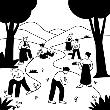 A group of pilgrims dressed in traditional attire walking along a winding path surrounded by tall trees and lush vegetation. Some pilgrims are kneeling on the ground, with hands clasped together in prayer, while others stand with heads bowed, creating a serene atmosphere. The path is lined with small stones and wildflowers, leading towards a distant hill. Sunlight filters through the leaves, casting shadow patterns on the ground. In the background, there are rolling hills under a vast sky.