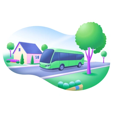 A modern pastel illustration depicting an "electric bus" traveling down a tree-lined suburban street. The bus features sleek, rounded edges and is painted in soft green hues. On either side of the street, there are "tidy lawns" adorned with colorful flower beds and well-maintained hedges. Houses with sloping roofs, painted in pastel tones, stand in the background. A few trees with lush green foliage frame the scene, and a clear blue sky fills the upper portion of the image.