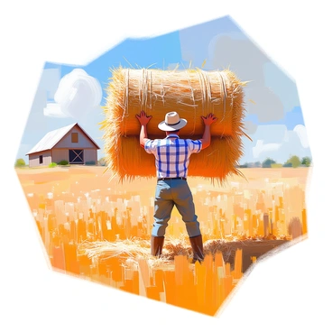 A farmer with sun-kissed skin is lifting heavy hay bales in a vast golden field during harvest season. The farmer is wearing a wide-brimmed hat, a checkered shirt, and sturdy work boots. Surrounding him are rows of ripe crops, and the field is bathed in warm sunlight, enhancing the rich golden hues of the wheat. The sky is a clear blue, dotted with a few fluffy white clouds. In the background, a wooden barn can be seen, adding to the rural atmosphere of the scene. The farmer's muscles are strained, showcasing the effort involved in the task of gathering the hay.