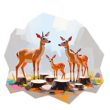 A family of deer consisting of a doe and her two fawns is depicted in a deforested area. The ground is scattered with tree stumps, remnants of recently cut trees. The doe stands protectively, looking around with caution, while the fawns curiously explore their surroundings. The sky is overcast, casting a muted light over the scene, emphasizing the starkness of the environment. The deer are surrounded by a few sparse bushes and patches of grass, highlighting the loss of their natural habitat.