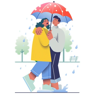 A couple with medium skin tones is caught in a sudden rainstorm. They are huddled closely together under a small, colorful umbrella, which is primarily red with blue polka dots. The woman has long, wavy hair and is wearing a yellow raincoat. She is looking up at the man with a surprised expression. The man has short black hair and is dressed in a light gray jacket and dark jeans. Raindrops are visibly falling around them, creating small splashes on the ground. In the background, blurred outlines of trees are seen, indicating a park setting. The couple's expressions convey a mix of surprise and affection as they seek shelter from the rain.