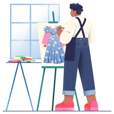 A fashion illustrator with light brown skin and curly black hair is standing next to an easel in a bright, well-lit studio. They are wearing a black apron over a white shirt and dark jeans. The easel holds a large canvas displaying a vibrant outfit design featuring a flowing gown with intricate floral patterns in shades of blue and pink. The illustrator is using a blue watercolor brush to add details to the design. On the table beside them, there are scattered colored pencils, fabric swatches, and a sketchbook filled with previous drawings. A large window in the background lets in natural light, illuminating the creative workspace.