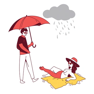 A person holding a bright red umbrella stands under a grey sky, with raindrops falling and creating small splashes on the ground. Beside them, another person is lying on a yellow beach towel, sunbathing, wearing sunglasses and a wide-brimmed hat. The sunbather has a content expression, basking in the warmth of the sun, while the umbrella provides shelter to the person next to them. The contrasting elements of the weather and the activities create a striking visual.