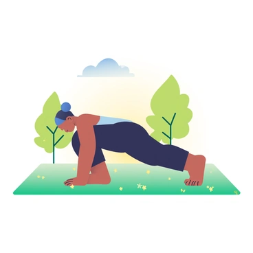 A woman with medium skin tone is performing yoga on a grassy field during the morning. She is in a downward dog pose, with her arms and legs extended, and her head down. She is wearing a light blue tank top and black yoga pants. The grass beneath her is lush and green, dotted with small yellow wildflowers. In the background, there are a few trees with bright green leaves swaying gently in a soft breeze. The sky above is clear with a gradual light blue gradient transitioning to a soft yellow near the horizon, indicating the early morning light. A small, fluffy white cloud drifts lazily above.