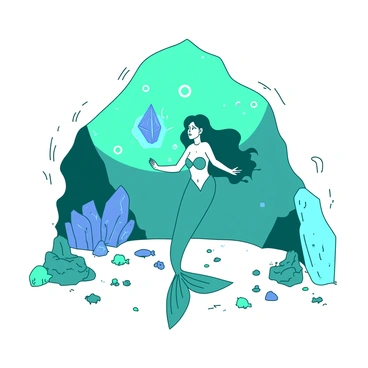 A teal mermaid with flowing hair is swimming gracefully through a white underwater cave. The cave walls are adorned with various glowing crystals emitting a soft light. The mermaid's tail shimmers in the light as she inspects the vibrant crystals, which are in shades of blue and green. Bubbles surround her as she moves, creating a magical atmosphere. The cave floor is covered in soft white sand, and small, colorful fish swim around, adding to the lively scene.