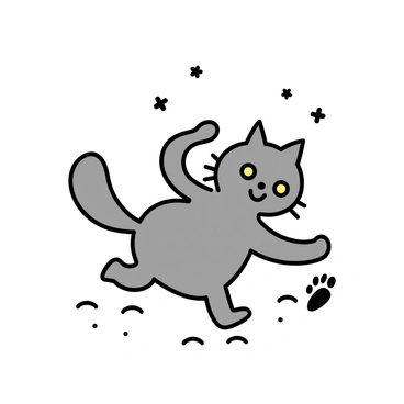 A playful cat with grey fur and bright green eyes is bounding through a blanket of freshly fallen white snow. The cat is raising one paw, leaving a distinct paw print behind in the soft snow. Surrounding the cat are scattered snowflakes gently falling from the sky. The scene captures the cat’s joyful expression and the pristine white background.
