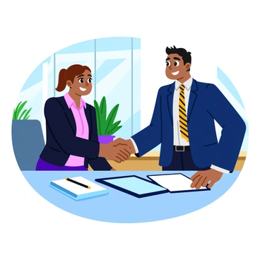 Two business partners, a man and a woman, are shaking hands in agreement. The man is dressed in a navy blue suit with a crisp white shirt and a patterned tie, while the woman is wearing a fitted black blazer over a light pink blouse. They are positioned at a sleek, modern conference table with a notepad and a digital tablet placed in front of them. The room features large windows letting in natural light, and there are several potted plants in the background, adding color to the setting. Both partners are smiling, conveying a sense of positivity and collaboration.