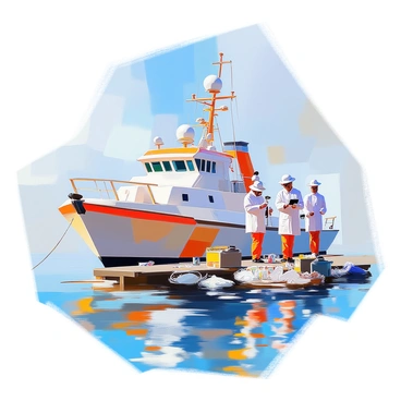 A research vessel is anchored on calm sea waters, with a backdrop of a clear blue sky. Several scientists, wearing light-colored lab coats and sun hats, are actively collecting data on the deck. One scientist is using a handheld device to take readings, while another is examining samples in clear containers. A third scientist is taking notes on a clipboard. The vessel is equipped with various scientific equipment, including nets and sampling tubes, displayed around them. The water reflects the sunlight, creating a shimmering effect around the hull of the ship.