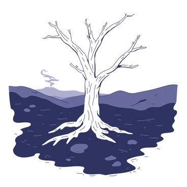 A white lone tree with twisted branches stands prominently amidst a landscape covered in dark, ashy soil. The ground surrounding the tree is barren, with blackened remnants of what used to be vegetation scattered throughout. The tree's trunk is thick and gnarled, contrasting against the stark, lifeless backdrop. In the distance, there are faint outlines of hills shrouded in a haze, enhancing the desolate atmosphere. A few wisps of smoke rise gently from the ground, adding to the scene's somber tone.