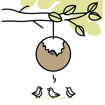 A birdhouse, crafted from a coconut shell, is hanging from a sturdy tree branch. The coconut shell is half-open, revealing a small entrance for birds. The tree has green leaves, creating a natural backdrop. Sunlight filters through the leaves, casting soft shadows on the ground below. A few small birds are perched nearby, looking curiously at the birdhouse.