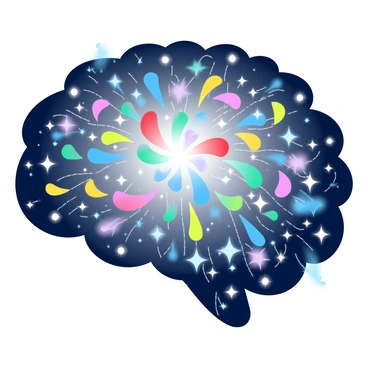 Colorful fireworks forming the shape of a human brain in the night sky