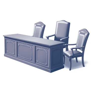 A historic judge's bench made of dark wood, featuring intricate ornate carvings on the front and sides. The bench is raised slightly above the courtroom floor, emphasizing its authority. Flanking the bench are two leather chairs, richly upholstered with detailed stitching, positioned for the judge's personal use. The overall scene reflects a sense of solemnity and tradition, with the bench serving as the focal point of the space.