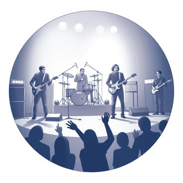 A band is performing on stage with multiple members playing instruments, such as a guitar, drums, and keyboards. The lead singer is positioned at the front, engaging with the audience. The stage is illuminated with bright lights, creating dramatic shadows. The crowd is visible in the foreground, with hands raised in admiration and excitement. People are gesturing and moving to the music, showcasing their enthusiasm. The scene is captured from a fish-eye perspective, emphasizing the curves and angles of the venue and enhancing the sense of vibrancy and energy present in the concert atmosphere.
