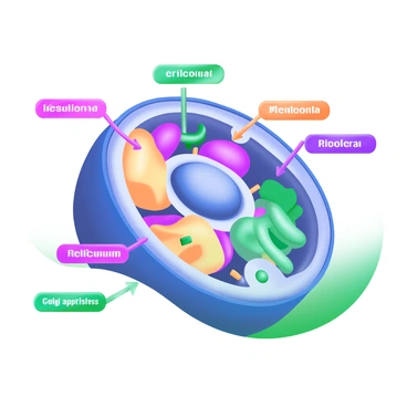 A detailed illustration of a colorful animal cell diagram showcasing various labeled parts. The cell is depicted in a round shape with a "cell membrane" surrounding it. Inside the cell, a large "nucleus" is positioned towards one side, clearly labeled. Several "mitochondria" are scattered throughout the interior, each distinct with a wavy shape. Additional components like "ribosomes," "endoplasmic reticulum," and "Golgi apparatus" are also included, with clear labels in vibrant colors for easy identification. Each part is represented with attention to detail, and arrows connect the labels to their respective parts for clarity.