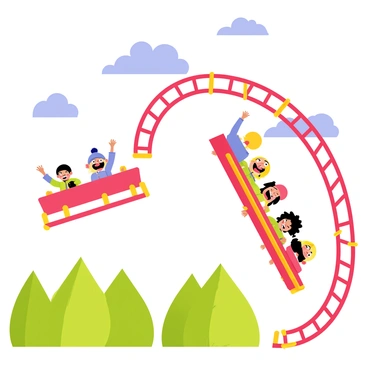 A vibrant roller coaster with a twisting track soaring through the sky. The coaster is bright red with yellow accents. Excited passengers with wide smiles and hands raised high are sitting in the open cars, their hair blowing in the wind. The scene captures the moment of a steep drop, with some passengers laughing and others with their mouths open in screams of delight. Lush green trees surround the base of the roller coaster, while a blue sky with fluffy white clouds can be seen above.