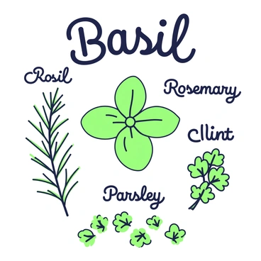 An illustrated page displays a variety of herbs, each rendered with attention to detail. In the center, there is a cluster of basil leaves, with their distinct shape and texture. To the left, a sprig of rosemary stands tall, showcasing its thin, needle-like leaves. On the right, a bunch of parsley is arranged with its curly leaves. Below these herbs, there is a section dedicated to "Mint," with its round leaves spread out. Across the top, elegant typography features the names of the herbs: "Basil," "Rosemary," "Parsley," and "Mint," each placed strategically near its corresponding illustration, enhancing the overall composition.