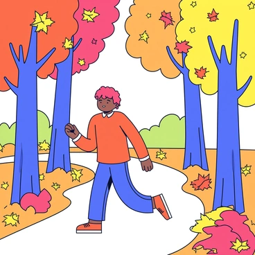 A person walking along a forest trail. The path is covered in colorful autumn leaves, mainly shades of orange, red, and yellow. Tall trees with broad trunks line both sides of the trail, their leaves showcasing a vibrant fall palette. The person is wearing a cozy sweater and jeans, taking slow steps as they enjoy the scenery. Sunlight filters through the branches, casting dappled light on the ground.
