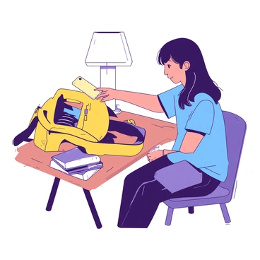 A yellow backpack is open on a wooden table, revealing a neatly organized interior. A student with black hair is reaching towards the phone in their hand, pressing the power button to turn it off. The phone is silver with a black screen reflecting the light. The student is wearing a blue t-shirt and sitting casually on a chair, focused on their task. The background features a few scattered school supplies and a soft glow from a nearby lamp.