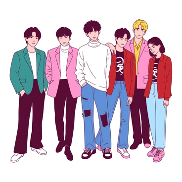 Seven members of BTS are standing together in a dynamic pose for a fashion magazine photoshoot. Each member is dressed in stylish, trendy outfits that showcase a mix of contemporary fashion elements. The backdrop is a subtle blend, enhancing the focus on their attire. One member is wearing a fitted teal blazer with a white turtleneck underneath, paired with dark pants. Another member sports a white oversized sweater tucked into high-waisted blue jeans, complemented by chunky sneakers. A third member displays a vibrant red jacket layered over a black graphic tee, matched with ripped jeans. The fourth member has on a sleek pink suit with a black shirt, while another shines in a yellow bomber jacket over a white shirt. The group exudes charisma and confidence, with their expressions reflecting a mix of playful and serious vibes, perfect for the cover of a fashion magazine.