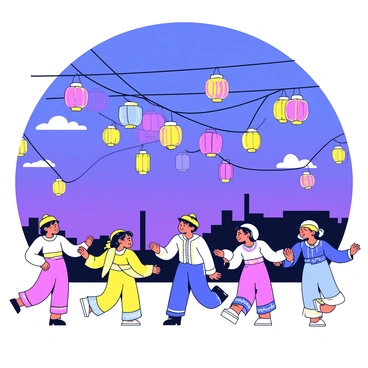 A vibrant festival scene with colorful paper lanterns hanging from strings. Each lantern is glowing softly, illuminating areas below. In the foreground, a group of dancers dressed in traditional costumes is performing. The dancers have bright, flowing skirts and intricate patterns on their outfits. They are moving energetically, with some executing graceful twirls and others forming a line. The background features a twilight sky, transitioning from deep blue to soft purple, with a few scattered clouds. The scene is filled with the joyful atmosphere of celebration.