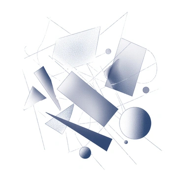 A composition featuring a variety of intersecting lines and geometric shapes. The lines are drawn in varying thicknesses, creating a dynamic interplay throughout the image. Various shapes, such as triangles, circles, and rectangles, are positioned at different angles and sizes, overlapping and intersecting. Some shapes are filled with cross-hatching patterns, adding texture and depth to the composition. The arrangement varies in complexity, drawing the eye across the entire surface. The overall piece conveys a sense of movement and structure through the careful placement of each line and shape.