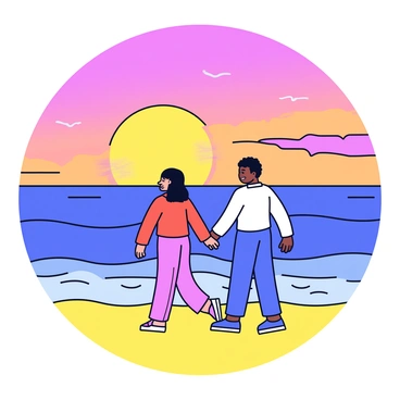 A couple walking hand-in-hand along the shoreline of a beach. The sky is filled with vibrant colors as the sun sets, casting a warm orange and pink glow. The couple is silhouetted against the radiant sky, with gentle waves lapping at their feet. The beach has soft golden sand that stretches out beside them.