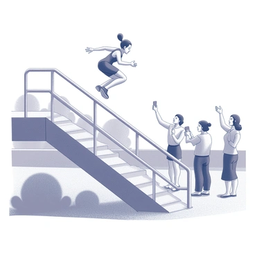 An athlete is in mid-slide down a metal railing, demonstrating skill and balance. The athlete is wearing a form-fitting sports outfit, showcasing agility and athleticism. Below the railing, a group of spectators is gathered, expressing excitement with raised arms and animated gestures. Some spectators are clapping, while others are holding phones to capture the moment. The park setting includes trees in the background and a pathway where additional onlookers are standing, contributing to the lively atmosphere.