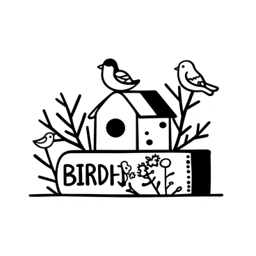 A matchbox is placed on a flat surface, with the words "Birdhouse" displayed prominently on one side. The matchbox features an intricate illustration of a birdhouse, with a small opening and a sloping roof. Surrounding the birdhouse are various species of birds, each with unique feather patterns, perched on the edges of the birdhouse and nearby twigs. Twigs and small branches intertwine around the sides of the matchbox, adding a natural element to the design. The overall composition is rich in detail, emphasizing the relationship between the birdhouse and the wildlife it attracts.