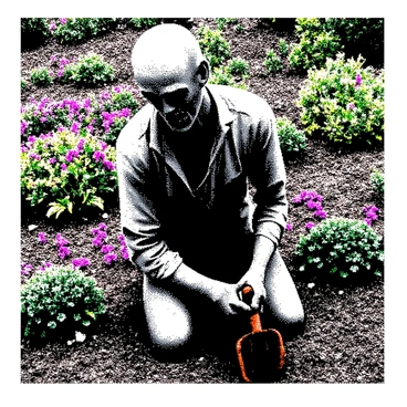A zombie with decaying skin and tattered clothing is kneeling in a garden. Its hands are gripping a rusty shovel as it digs into the soil. The zombie has empty eye sockets, but it is focused on its task. Surrounding the zombie are various colorful flowers being carefully planted in neat rows. The garden is filled with a variety of lush greenery, creating contrast with the figure of the zombie. The sun casts light on the scene, illuminating the soil and flowers.