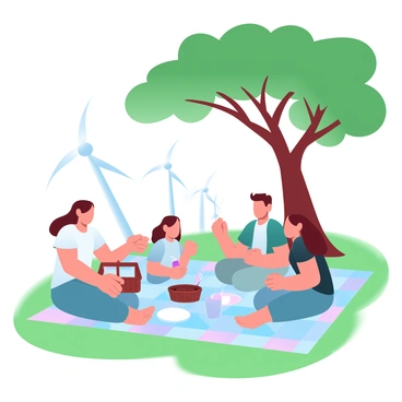 A family is sitting on a colorful picnic blanket spread out on the grass. The family consists of two adults and two children, all engaged in sharing food and laughter. A large tree provides shade overhead, with its branches extending wide. In the background, several wind turbines stand tall against the sky, gently rotating as they catch the breeze. Various picnic items like a basket, plates, and drinks are arranged on the blanket, adding vibrant colors to the scene. The grass surrounding them is lush and green, enhancing the peaceful atmosphere.