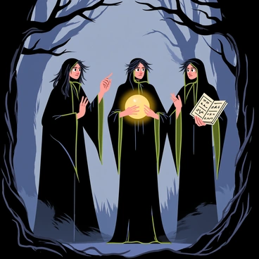 Three witches with long, flowing robes stand in a foggy, dimly lit forest. Each witch has wild, unkempt hair and sharp features. One witch, with a twisted finger, ominously points towards a distant figure of Macbeth, who is partially visible in the shadows. The second witch holds a glowing crystal ball, illuminating her face with an eerie light. The third witch clutches a tattered book filled with ancient runes. Around them, swirling mist and gnarled tree branches create a mystical ambiance, enhancing the sense of foreboding as they deliver their prophecy.