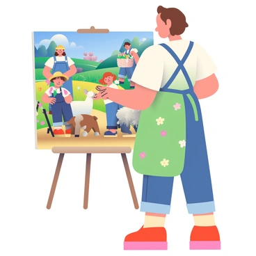 An artist with short brown hair and wearing a paint-splattered apron is standing in front of an easel, working on a canvas that depicts a lively farm day event. The scene includes several people interacting with animals. A young girl with pigtails is gently petting a fluffy white sheep, while a boy in a straw hat is feeding a brown goat. In the background, a woman is holding a basket filled with fresh vegetables, chatting with a farmer in overalls. A vibrant blue sky is above, and there are green fields and colorful flowers surrounding the farm, creating a cheerful atmosphere.