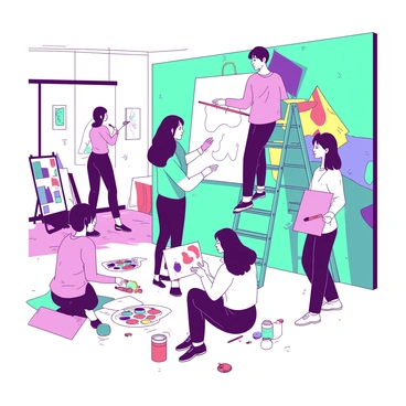 A group of five students is collaborating on a large mural project in a spacious art studio. Two students are standing on a teal ladder, painting vibrant sections of the mural with brushes. One student is sitting on the floor, sketching outlines on a large piece of white paper, while another student is mixing different shades of paint on a palette. The fifth student is observing the mural closely, holding a reference image in their hands. The studio is filled with various art supplies, including paint cans, brushes, and easels, against the backdrop of a wall where the mural is being created.