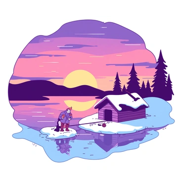 A stunning winter sunset paints the sky in shades of {color_1} and {color_2}. In the foreground, an ice fishing scene unfolds with a small wooden fishing hut sitting on a frozen lake. A figure in a warm jacket is seen drilling a hole in the ice, with fishing gear scattered around. The surface of the lake reflects the vibrant colors of the sunset, creating a captivating contrast with the snow-covered surroundings. Wisps of frost can be seen hanging from the edges of the hut, adding to the chilly atmosphere.