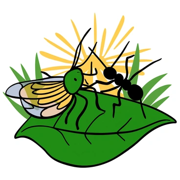 A cicada with a shiny green body and transparent wings and a small black ant with long legs are dancing together on a vibrant green leaf. The sunlight is casting warm golden rays, highlighting the intricate patterns on the cicada's wings. The leaf is surrounded by soft blurred greenery in the background, while the ant moves energetically alongside the cicada, creating a lively scene of nature.