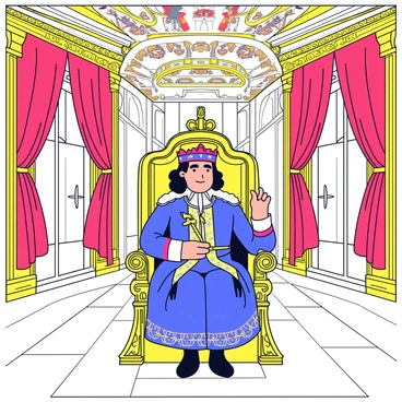 King Louis XIV is sitting on a grand, gold-accented throne adorned with intricate carvings. He is dressed in an elegant royal robe with rich patterns and vibrant colors, complete with a lavish collar. The ornate royal hall features tall, arched windows draped with heavy red curtains and a marble floor that reflects the opulence of the setting. Elaborate frescoes decorate the ceiling, depicting scenes of grandeur, while gilded moldings frame the walls. A golden scepter rests in his hand, symbolizing his authority.