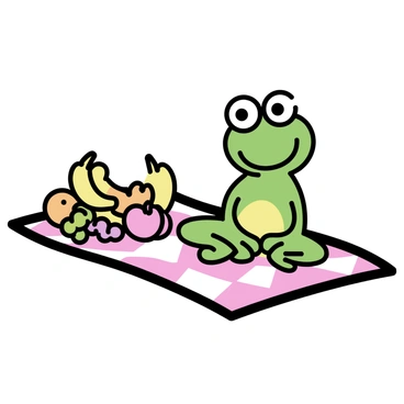 A cheerful green frog, with a wide smile and big round eyes, is sitting on a red and white checkered picnic blanket. Next to the frog, there is a vibrant pile of colorful fruits, including bright yellow bananas, red apples, green grapes, and orange oranges. The frog is positioned with its legs crossed and its arms resting casually on its knees, looking content. The picnic blanket is spread out on a grassy area, enhancing the cheerful atmosphere of the scene.