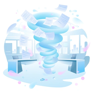 A swirling tornado composed of receipts, invoices, and credit card statements is towering in the center of a busy office. Papers are caught in the vortex, flying in a spiral motion around the tornado. Desks are scattered with more paperwork, and office supplies like pens and paperclips are knocked to the floor. In the background, there are office cubicles and a large window revealing a cityscape. The room is brightly lit, with fluorescent lights overhead.