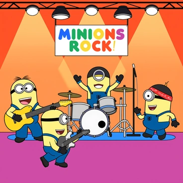 A group of four Minions, each with their unique features, are rocking out on a vibrant stage. One Minion with goggles and blue overalls is playing a bright yellow electric guitar, energetically strumming along. Another Minion, wearing a black cap and sunglasses, is seated behind a shiny silver drum set, eagerly hitting the drums with enthusiasm. The third Minion, sporting a red bandana, is singing into a microphone, with a big smile on its face. The last Minion, with a pair of colorful wristbands, is dancing near the front, waving its arms in the air. Bright stage lights shine down, creating a lively atmosphere, and a colorful banner hangs behind them that reads "Minions Rock!"