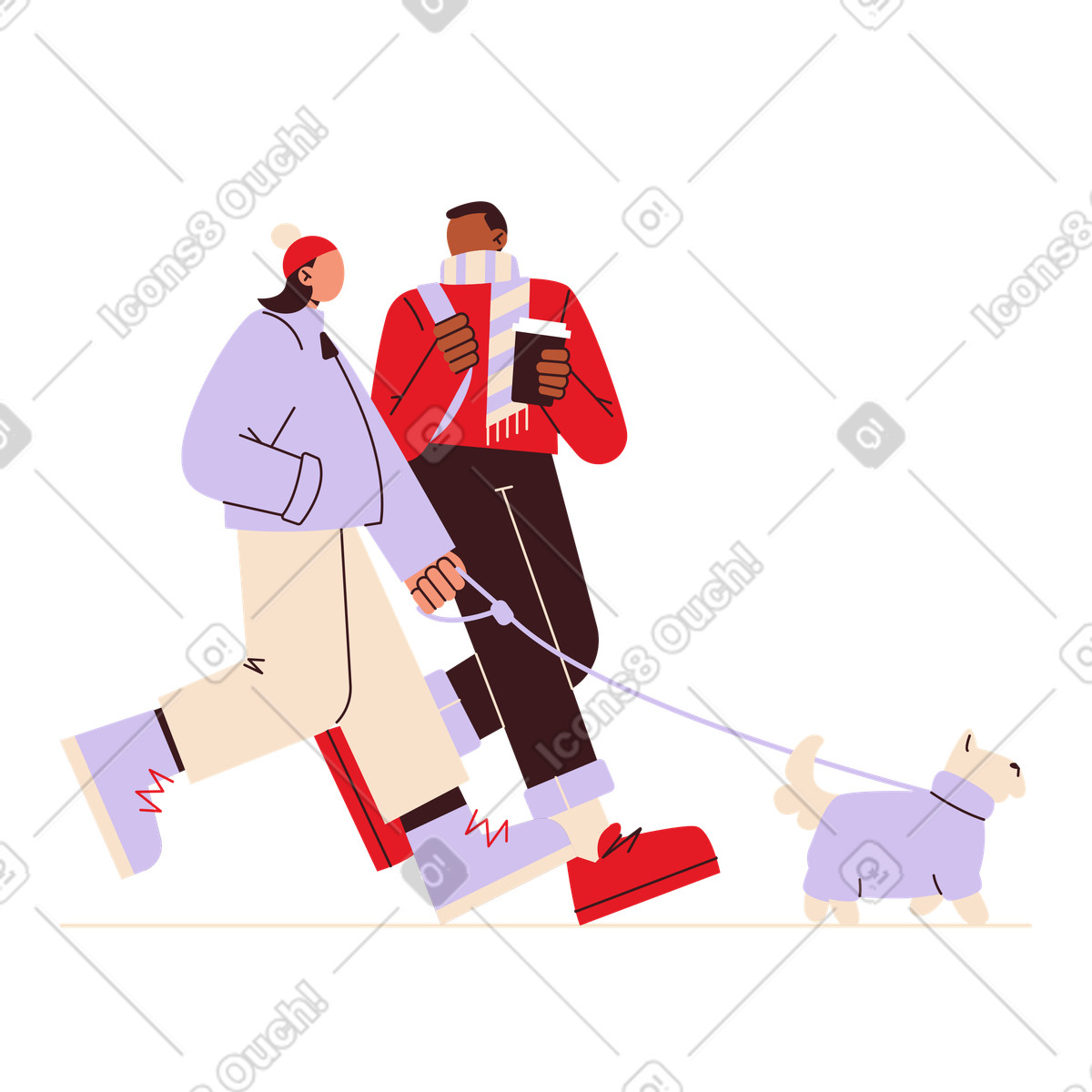 下载 Folks 风格的 Friends walking dog in winter clothes, Daily routine and companionship 插画，支持 PNG、SVG 格式