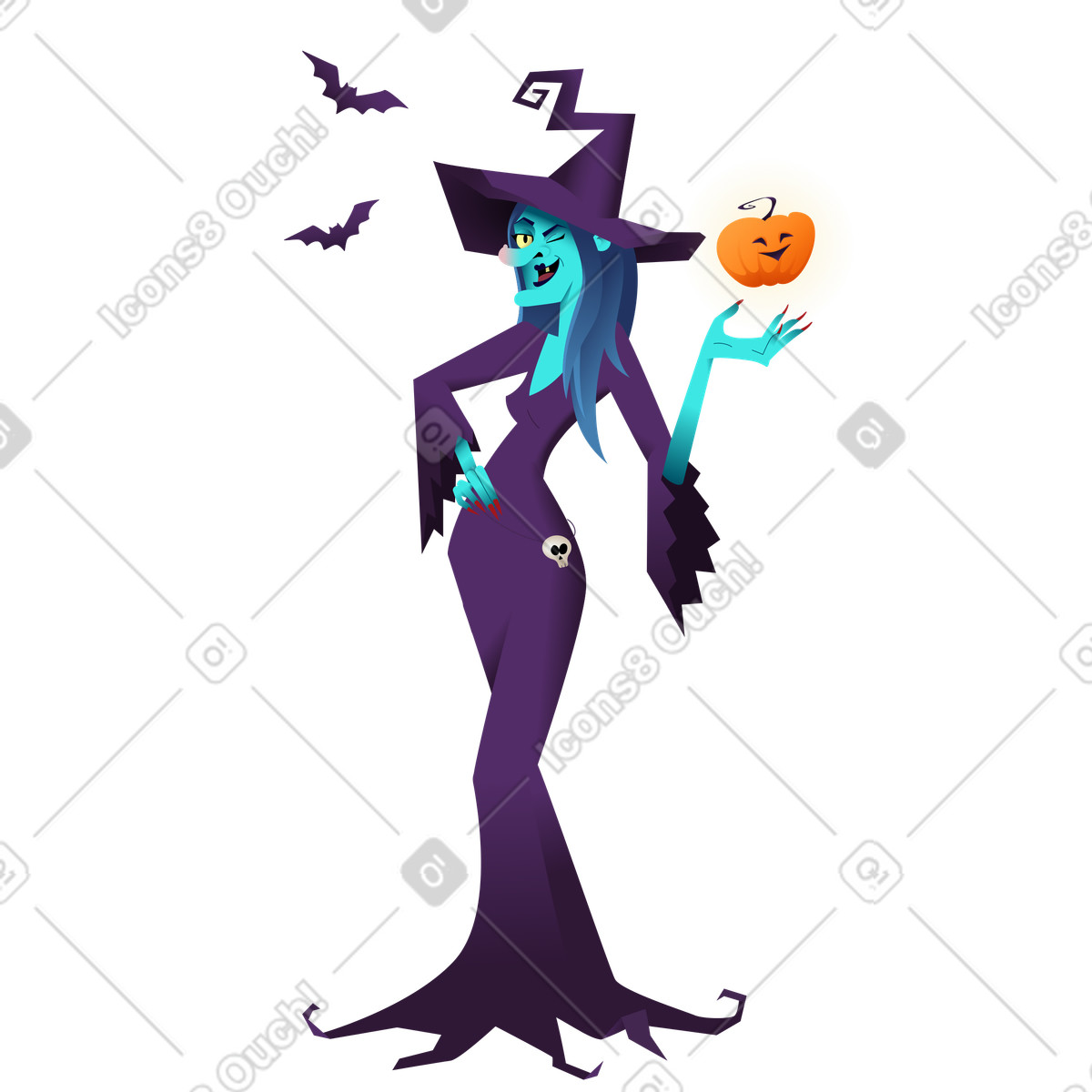 Illustration Méchante sorcière avec une citrouille dans le style Halloween Party à télécharger aux formats PNG, SVG